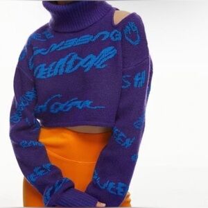 H&M Studio Purple Turtleneck Sweater with Blue Accents  High Low Cropped XL